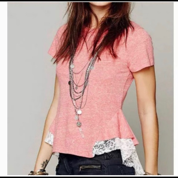 Free People Tulip Lace Trim Peplum Tee Top - Picture 2 of 6